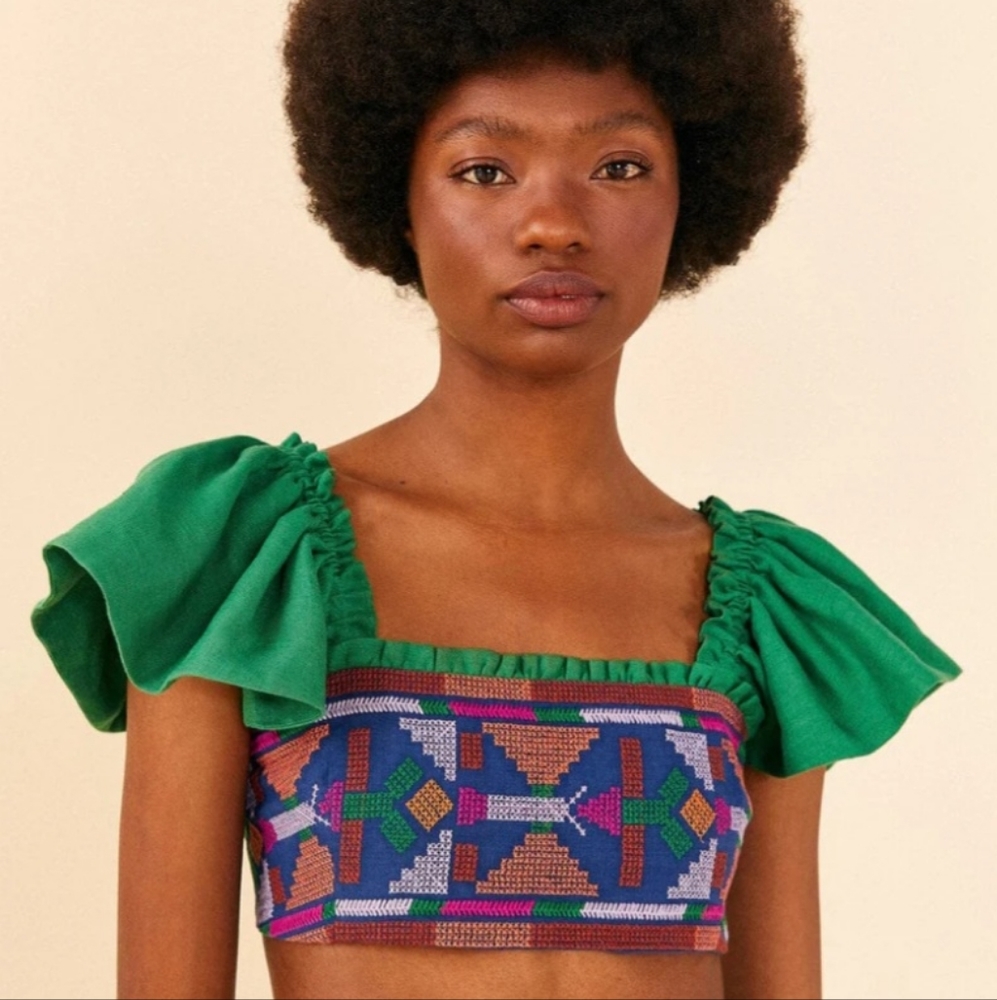 Farm Rio Embroidered Green Top